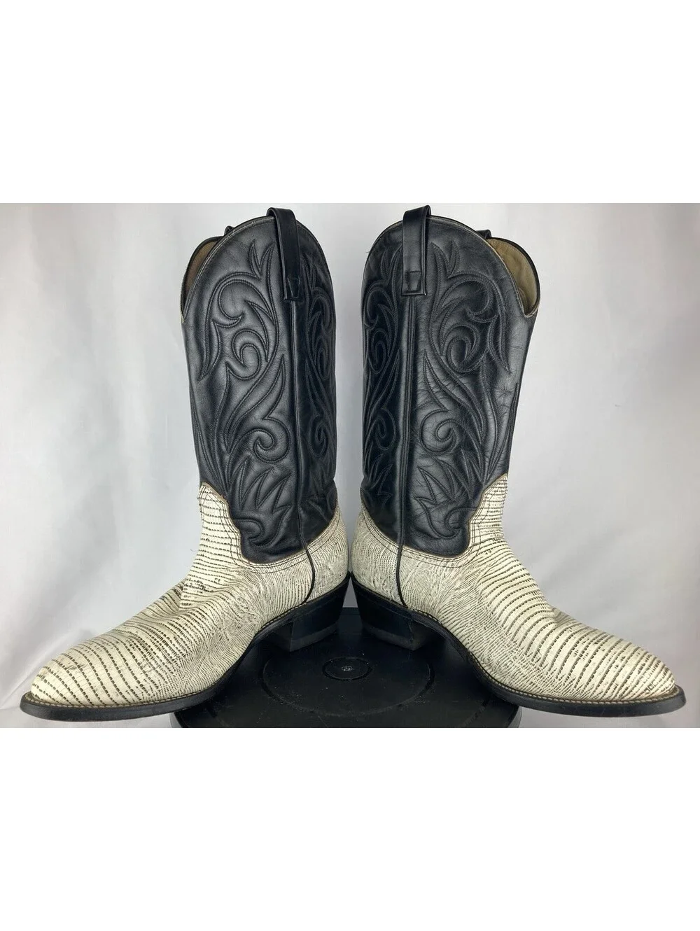Mens 8.5 3E Extra Wide Vintage Lizard Print Cowboy Boots Black White Western USA